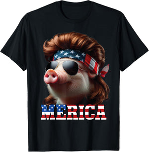 Pig Merica Mullet 4th of July And Father's Day Man Funny T-Shirt - T-Shirt | Black