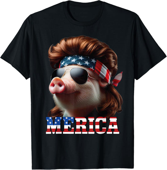 Pig Merica Mullet 4th of July And Father's Day Man Funny T-Shirt - T-Shirt | Black