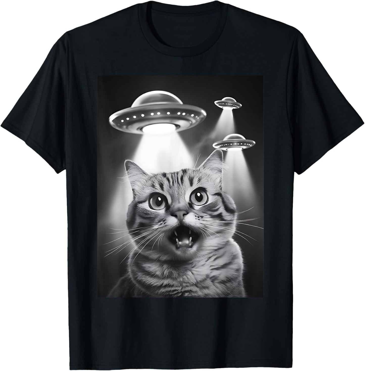 Alien UFO Funny Cat Selfie T-Shirt - T-Shirt | Black