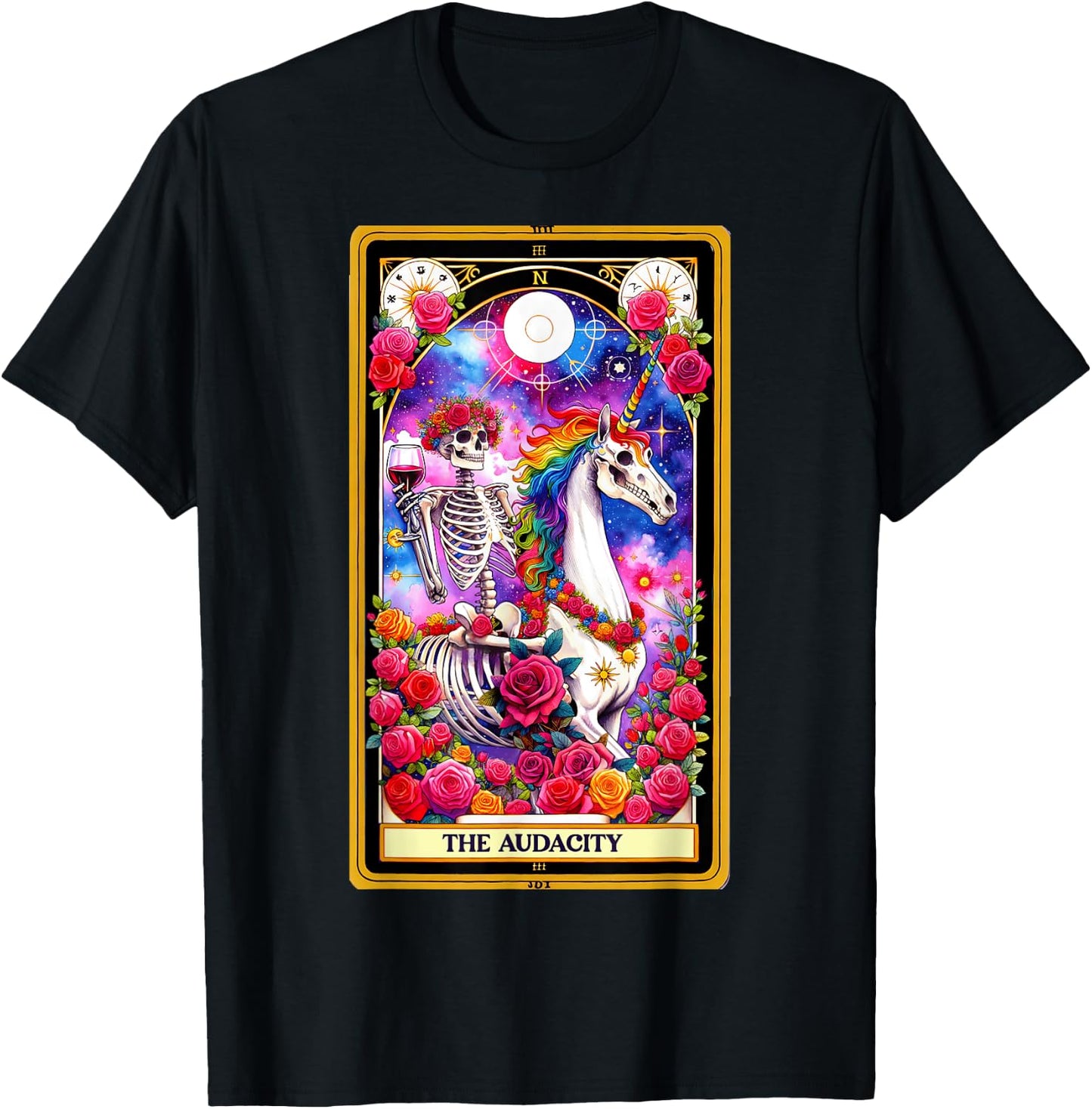 The Audacity Tarot Card Skeleton Skelly Unicorn Wine Women T-Shirt - T-Shirt | Black