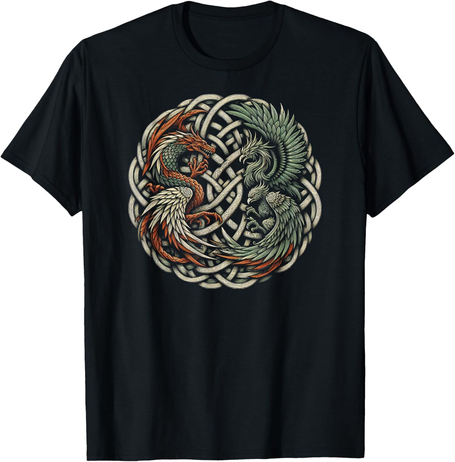 Intricate Celtic Knot with Dragon and Phoenix T-Shirt - T-Shirt | Black