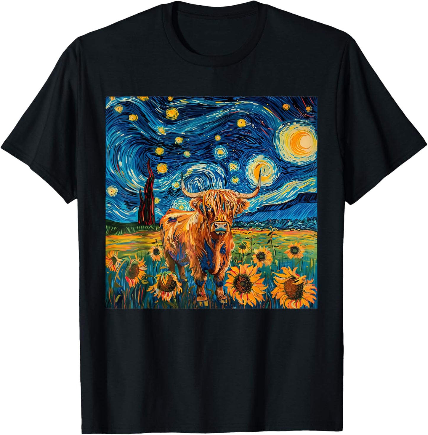 Aesthetic Scottish Highland Cow With Sunflowers Starry Night T-Shirt - T-Shirt | Black