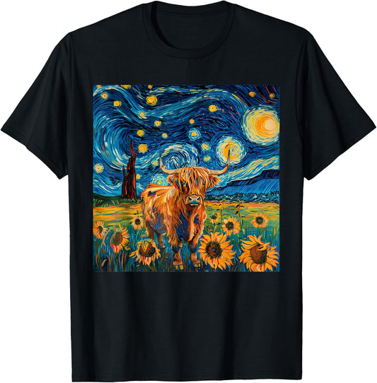 Aesthetic Scottish Highland Cow With Sunflowers Starry Night T-Shirt - T-Shirt | Black
