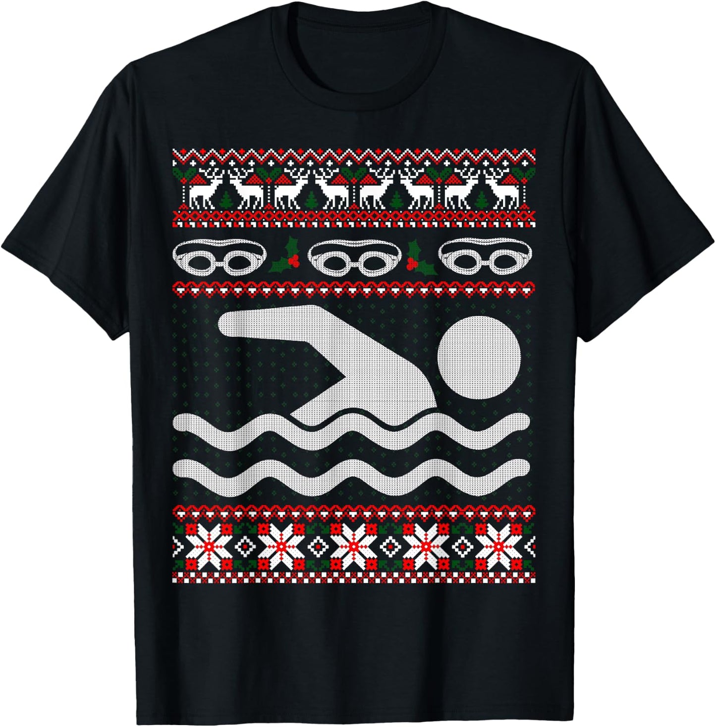 Funny Swimming Ugly Christmas Sweater T-Shirt - T-Shirt | Black