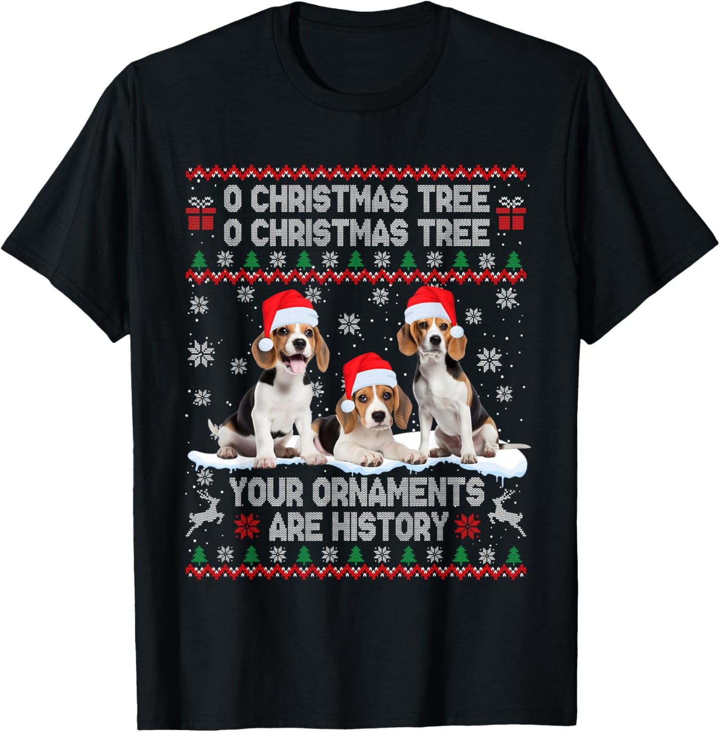 Beagle Dog Ugly Sweater Christmas Light Xmas Pajama T-Shirt - T-Shirt | Black