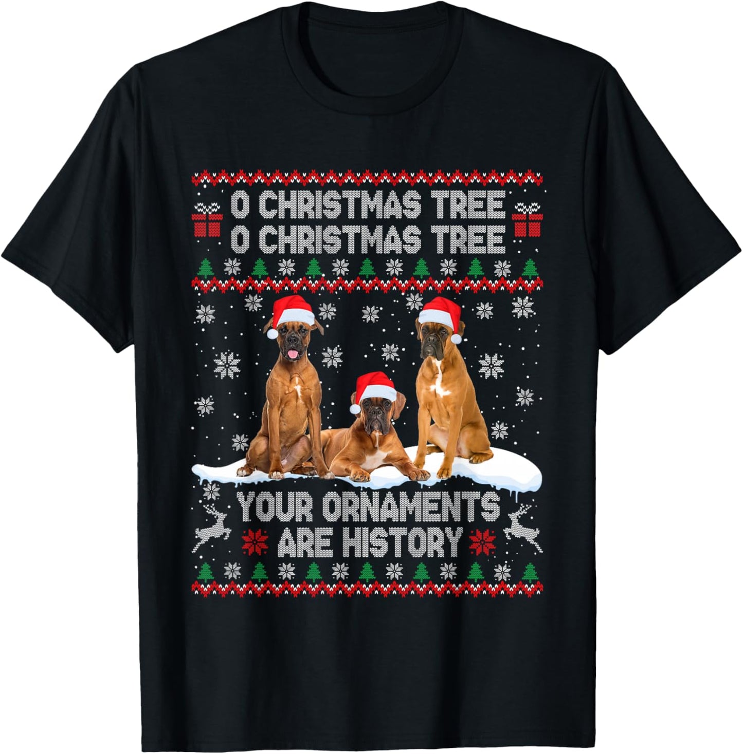 Boxer Dog Ugly Sweater Christmas Light Xmas Pajama T-Shirt - T-Shirt | Black