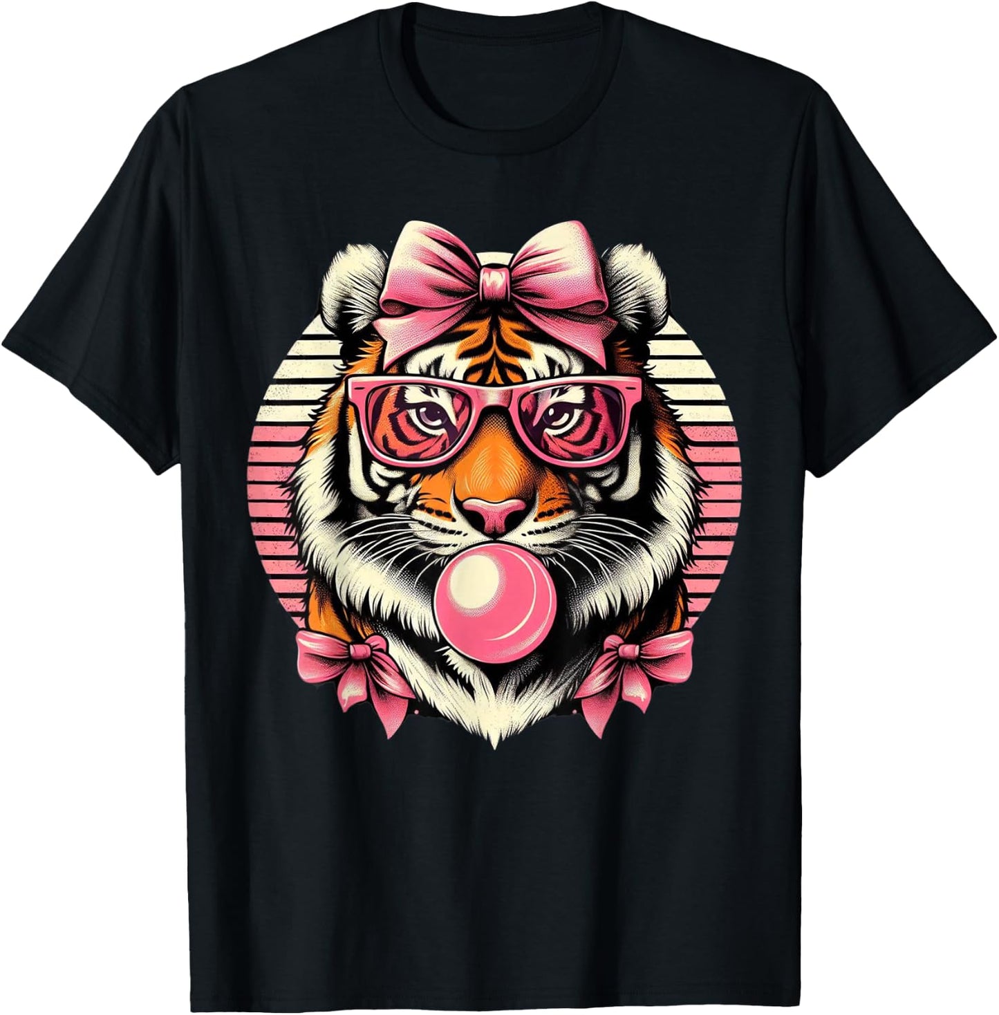 Retro Tiger Wearing Bow pink Glasses Blowing Pink Bubble Gum T-Shirt - T-Shirt | Black