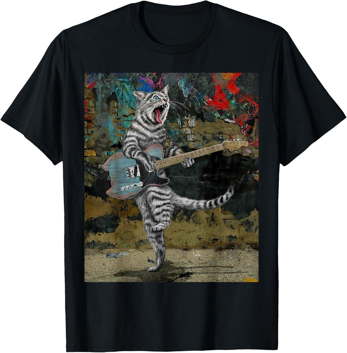 Cat Guitar Buskers Electric Guitar Player Funny Cute Kitty T-Shirt - T-Shirt | Black