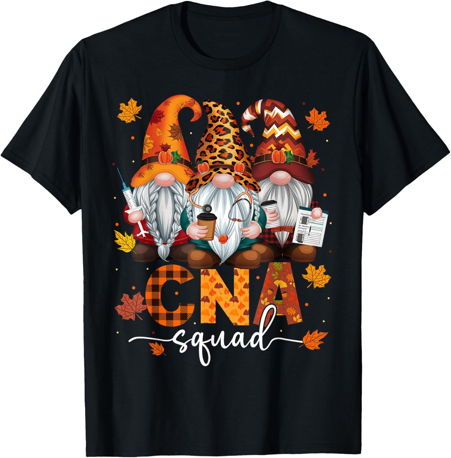 CNA Squad Gnome Nurse Leopard Thanksgiving Stethoscope T-Shirt - T-Shirt | Black