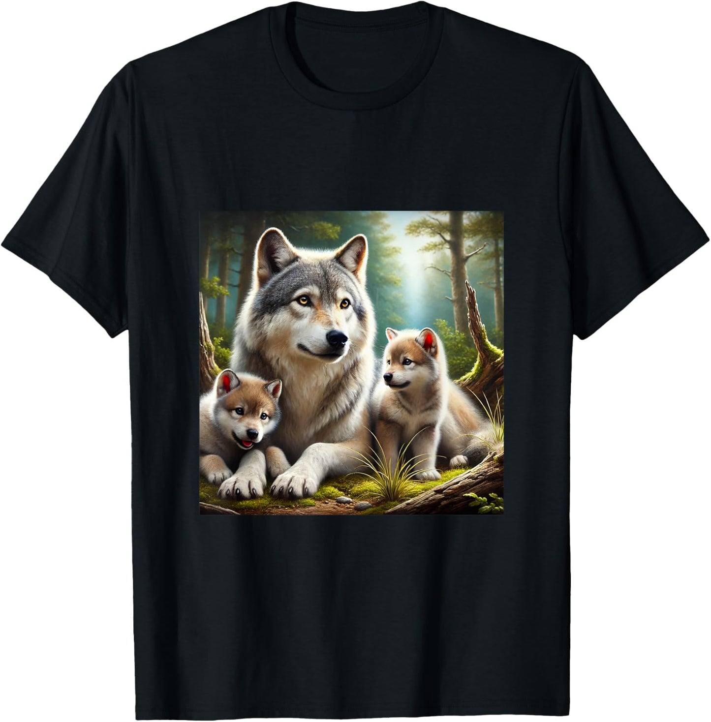 Wolf mother with two cubs realistic cute youthful T-Shirt - T-Shirt | Black