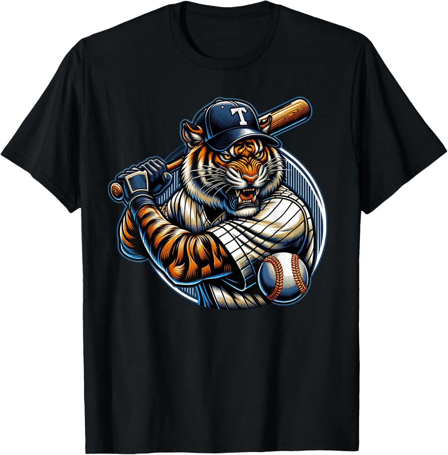Funny Vintage Tiger Playing Baseball Cute Baseball Men Women T-Shirt - T-Shirt | Black