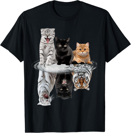 Three Cats Kittens Reflection Tiger Puma Leopard T-Shirt - T-Shirt | Black