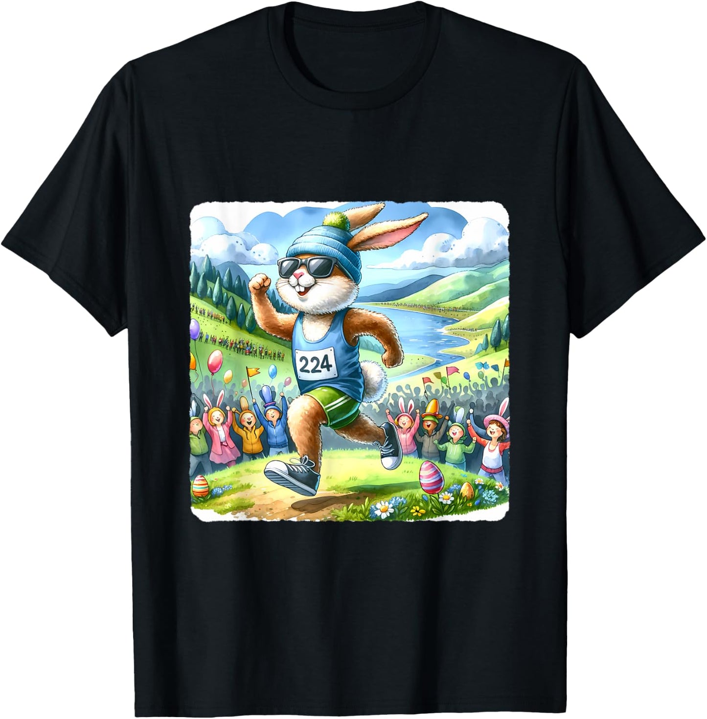 Rabbit Running Marathon With Scenic Landscape. Easter Racing T-Shirt - T-Shirt | Black