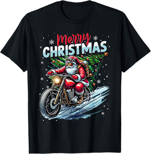 Merry Christmas Santa Riding Motorcycle Bike Biker Xmas 2025 T-Shirt - T-Shirt | Black