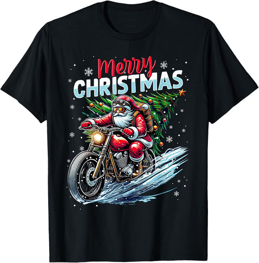 Merry Christmas Santa Riding Motorcycle Bike Biker Xmas 2025 T-Shirt - T-Shirt | Black