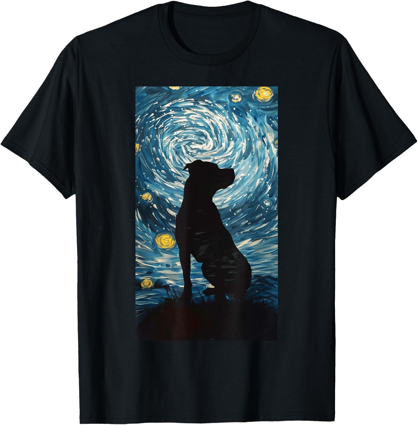 Silhouette Pitbull Against Dog Starry night T-Shirt - T-Shirt | Black
