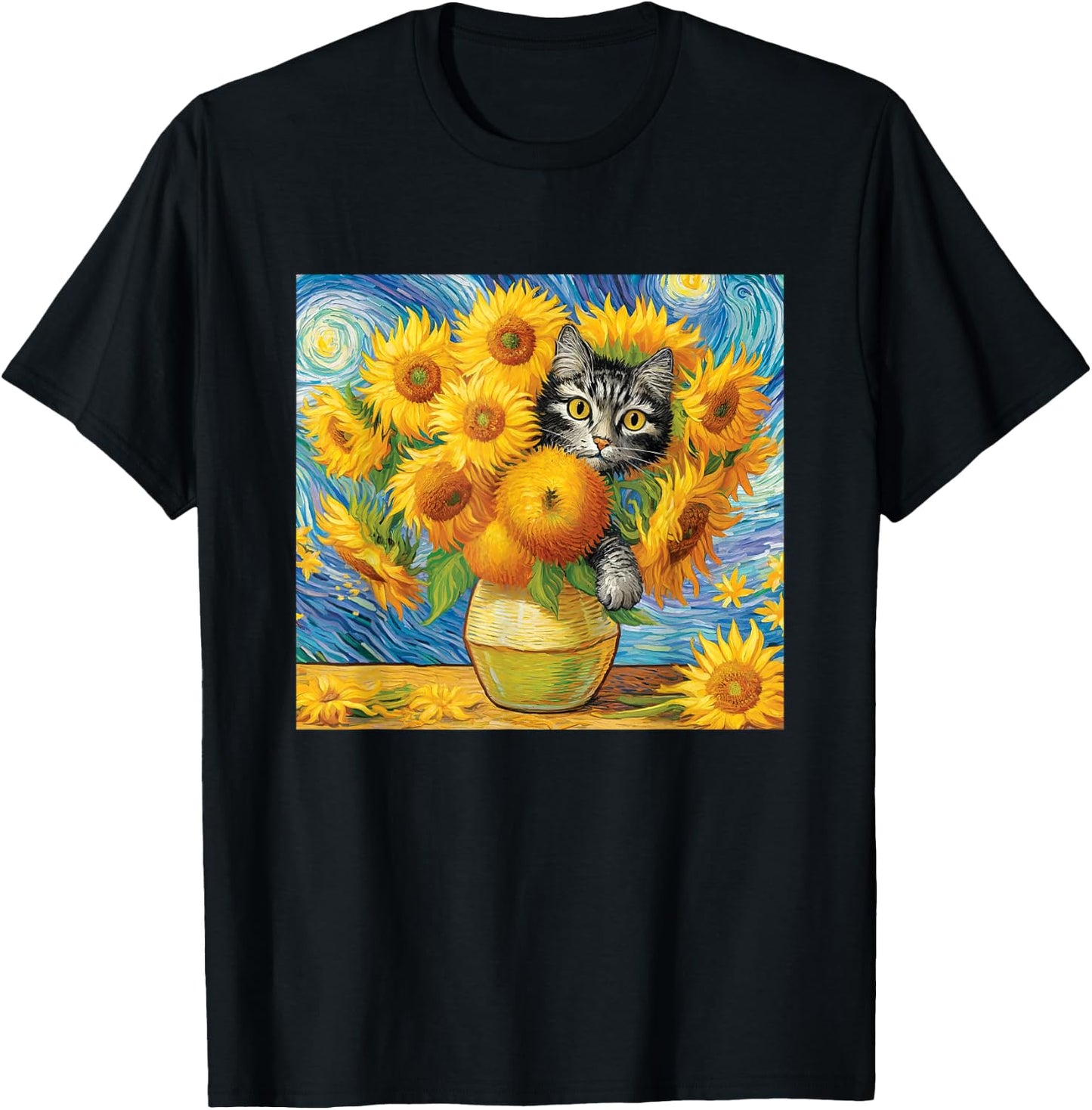 Van Gogh Sunflowers Kitten T-Shirt - T-Shirt | Black