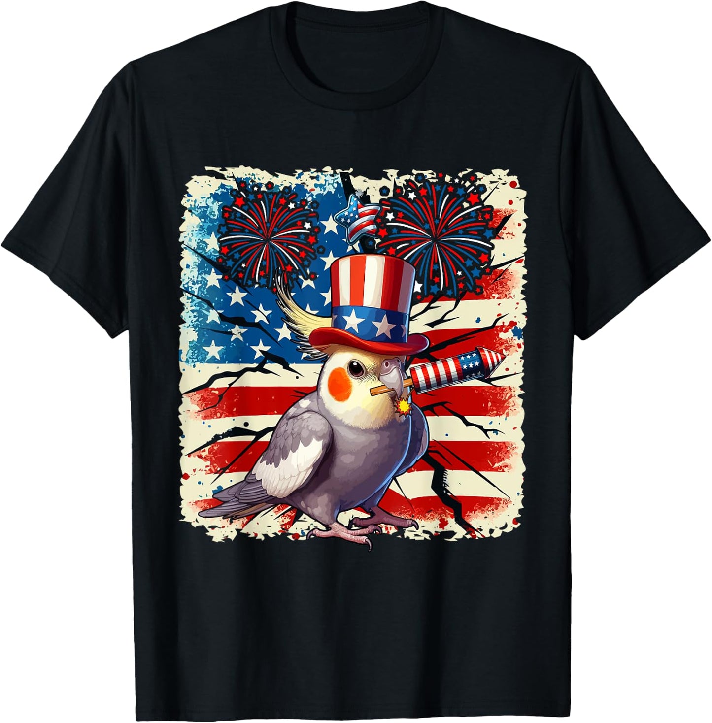 4th Of July US Flag Fireworks Cockatiel Costume Bird Lover T-Shirt - T-Shirt | Black