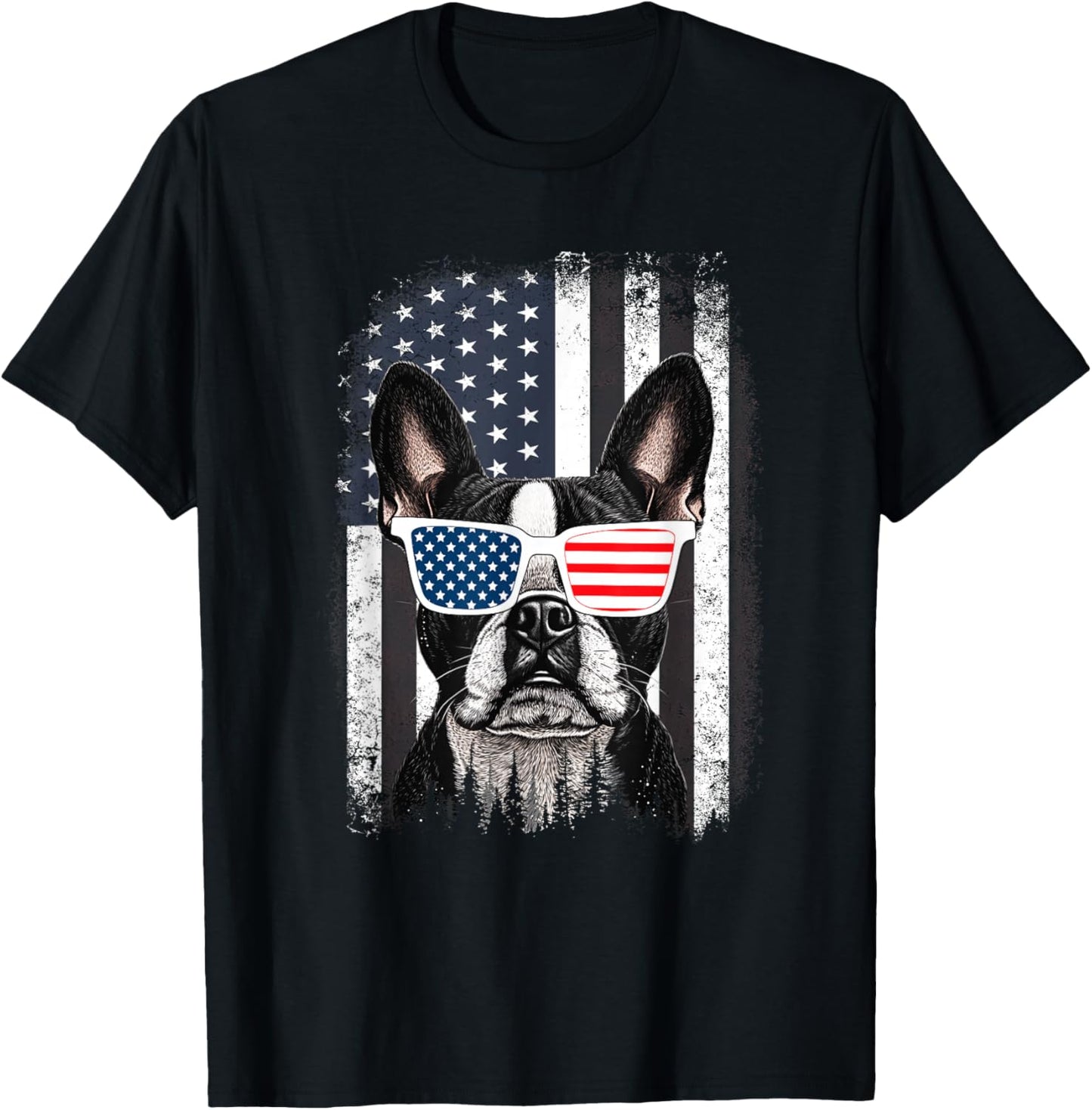Boston Terrier Dog American Flag 4th of July Sunglasses T-Shirt - T-Shirt | Black