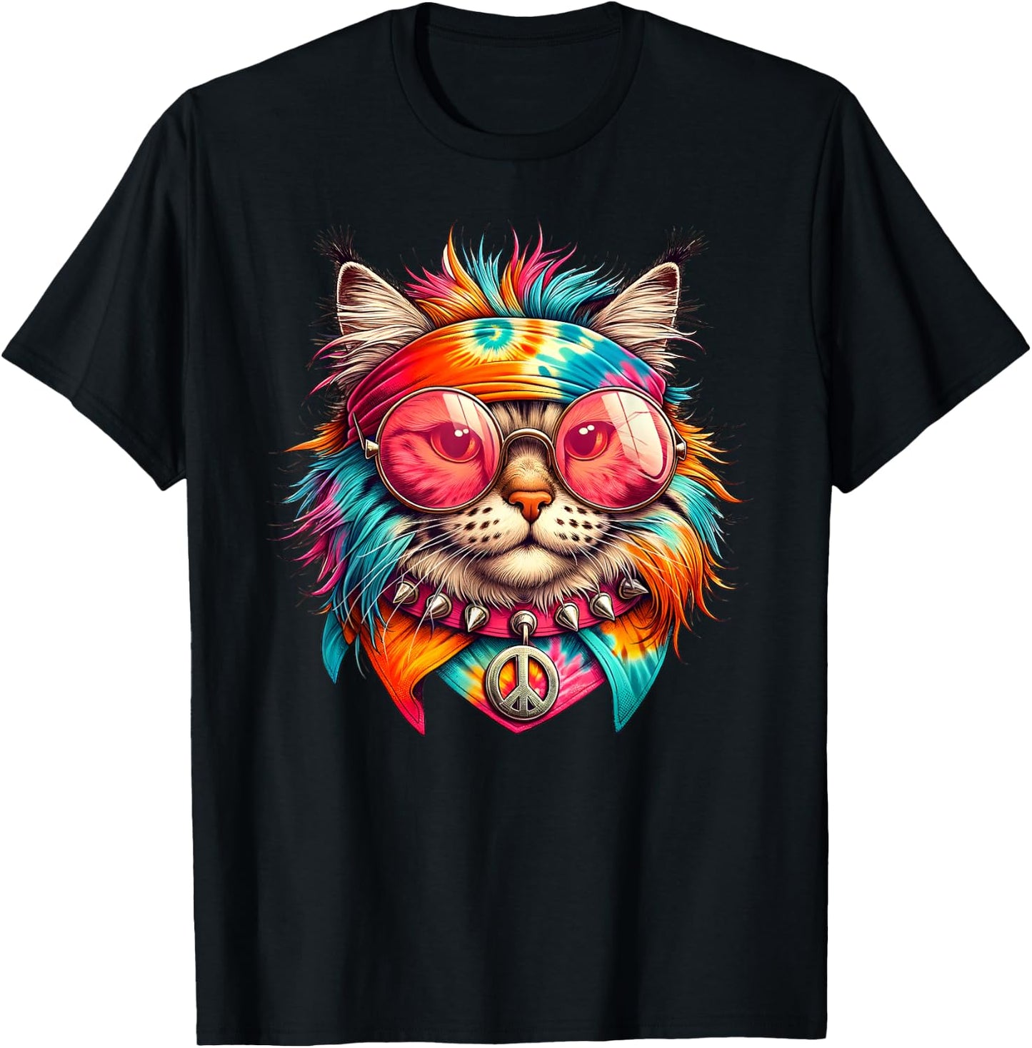 Psychedelic Peace Cat Colorful Hippie Retro Groovy Vibes T-Shirt - T-Shirt | Black