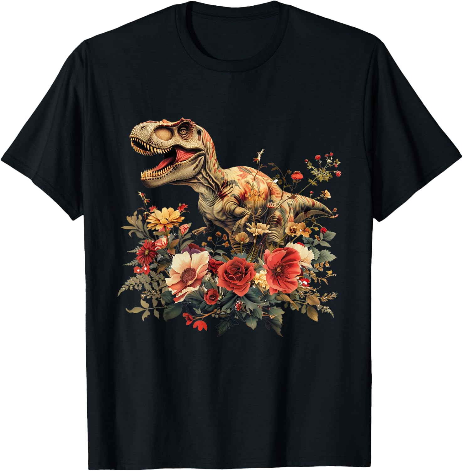 Trex Dinosaur Dino Floral Flower T-Shirt - T-Shirt | Black