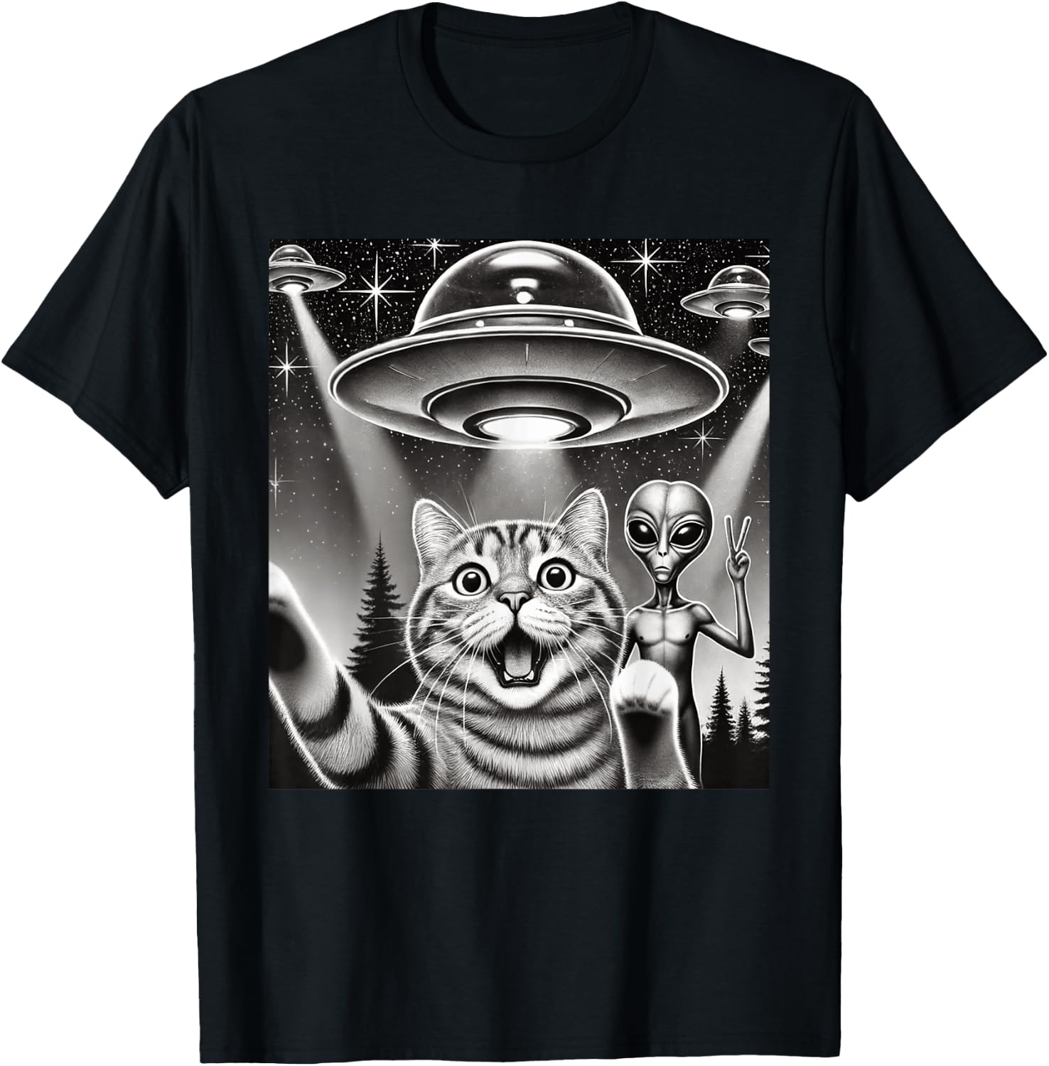 Funny Cat Selfie with UFO Alien Abduction Extraterrestrial T-Shirt - T-Shirt | Black
