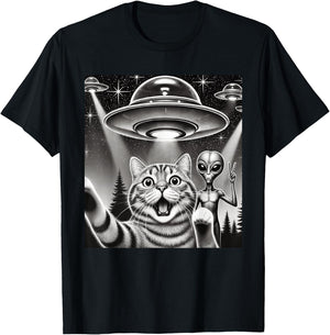 Funny Cat Selfie with UFO Alien Abduction Extraterrestrial T-Shirt - T-Shirt | Black