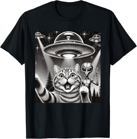 Funny Cat Selfie with UFO Alien Abduction Extraterrestrial T-Shirt - T-Shirt | Black