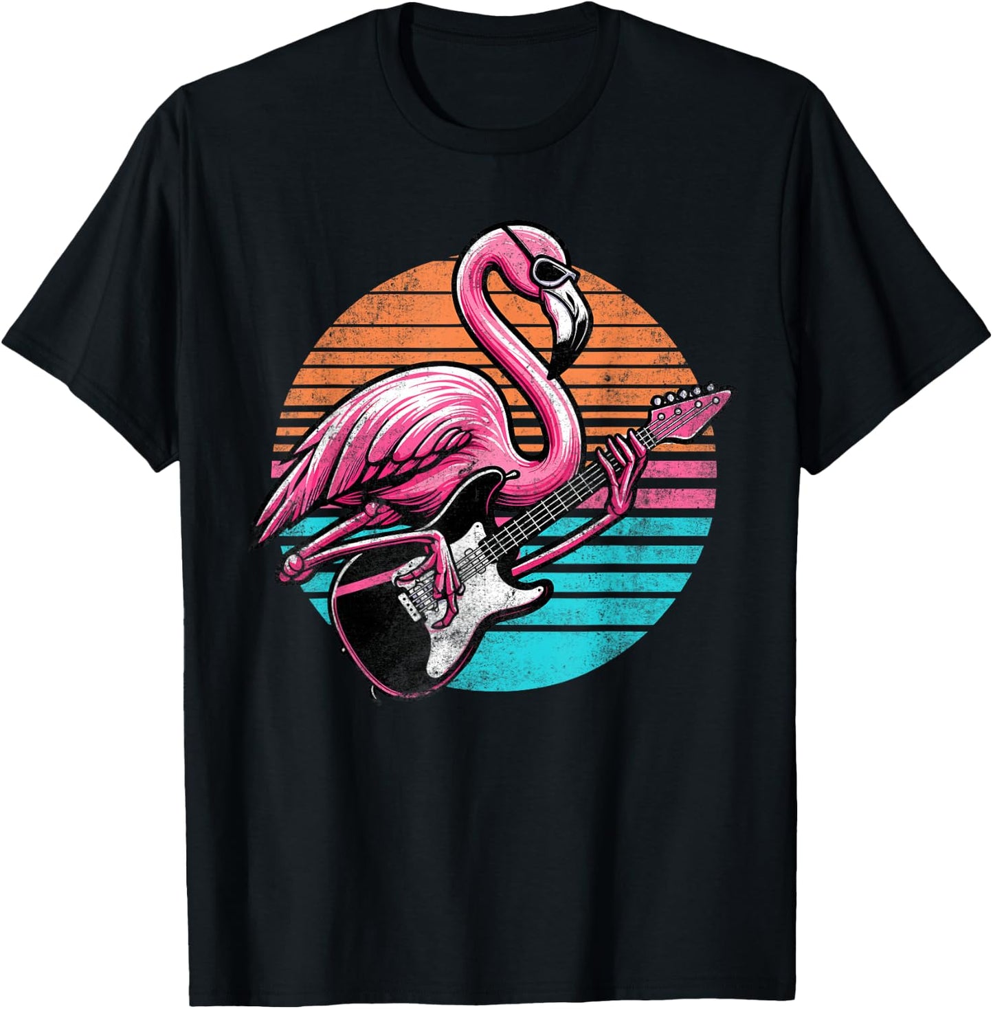 Vintage Style Flamingo Playing Guitar Rock And Roll Retro T-Shirt - T-Shirt | Black