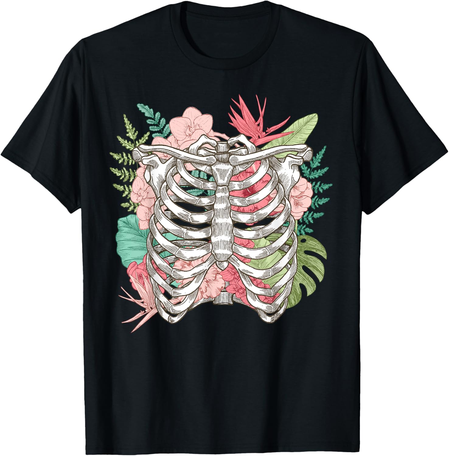 Skeleton Flowers Rib Cage X-Ray Funny Halloween T-Shirt - T-Shirt | Black