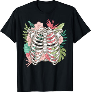 Skeleton Flowers Rib Cage X-Ray Funny Halloween T-Shirt - T-Shirt | Black