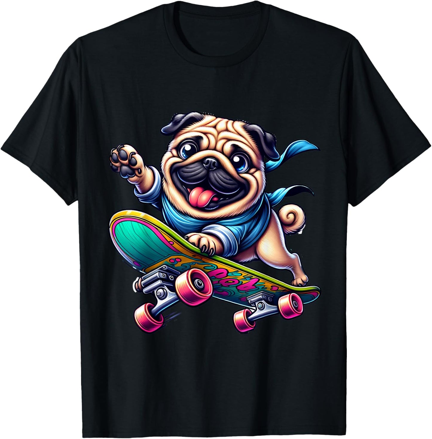 Pug on a Skateboard T-Shirt - T-Shirt | Black