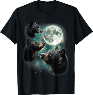 Three Black Bear Moon | 3 Wild Bears Gazing at The Moonlight T-Shirt - T-Shirt | Black