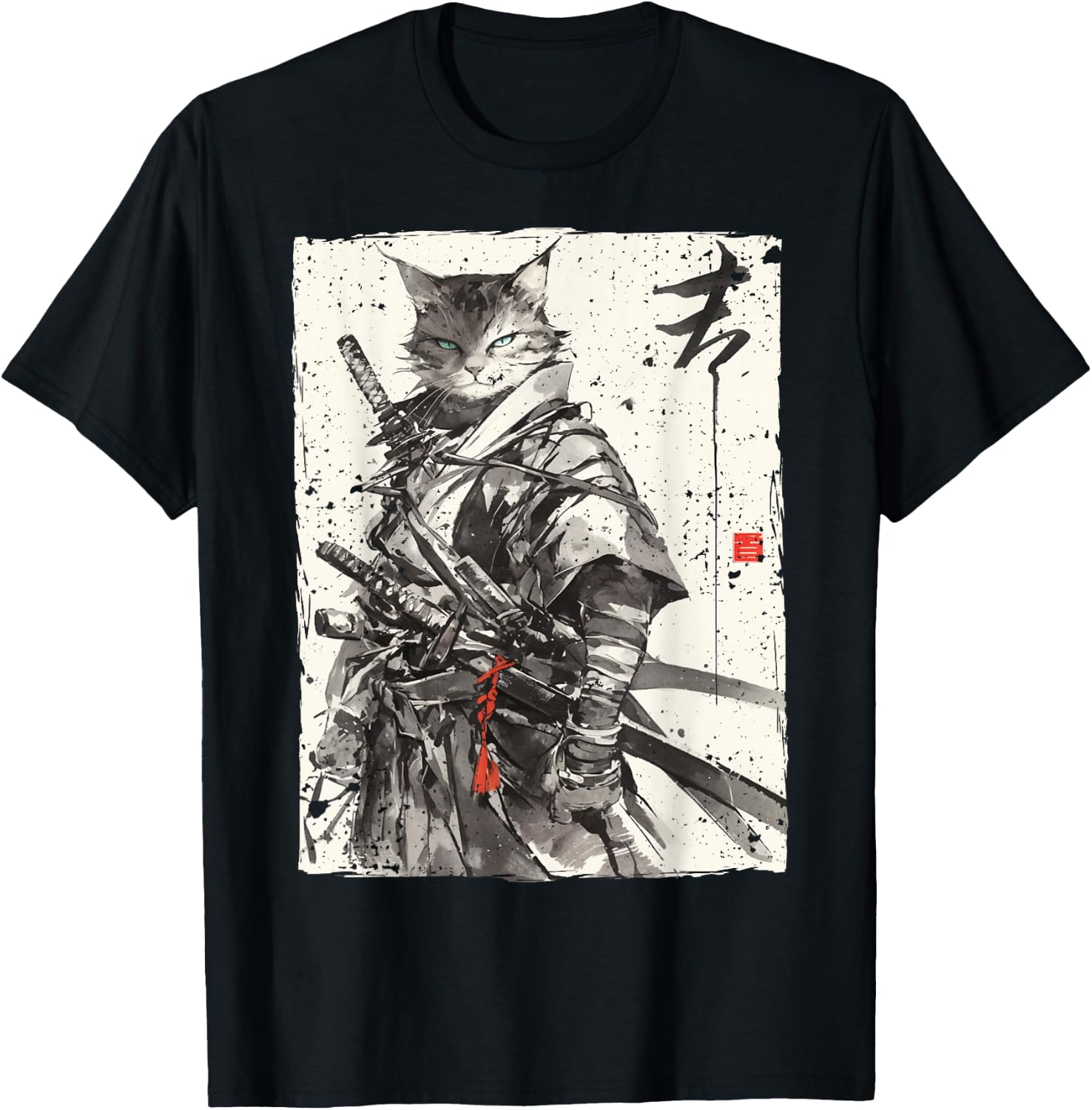 Samurai Cat Warrior Ukiyo Ink Artwork Cat Samurai T-Shirt - T-Shirt | Black