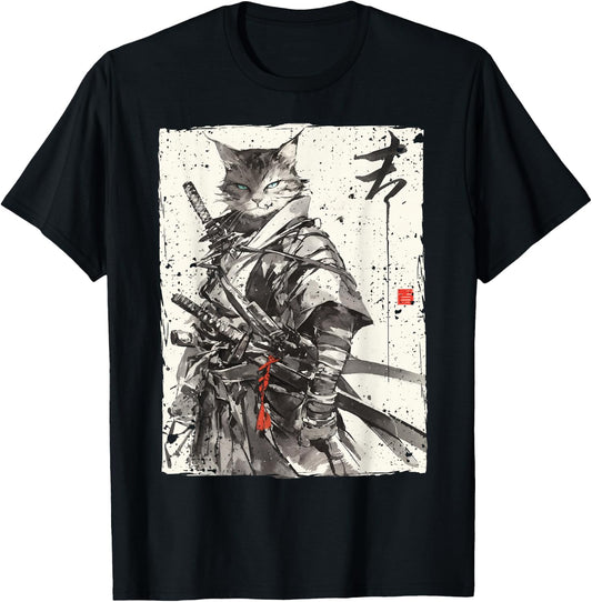 Samurai Cat Warrior Ukiyo Ink Artwork Cat Samurai T-Shirt - T-Shirt | Black