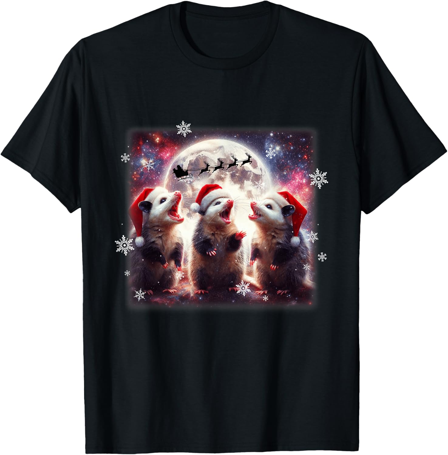 Howling Opossums Under the Moon Funny Weird Meme Christmas T-Shirt - T-Shirt | Black
