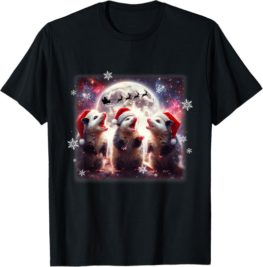 Howling Opossums Under the Moon Funny Weird Meme Christmas T-Shirt - T-Shirt | Black