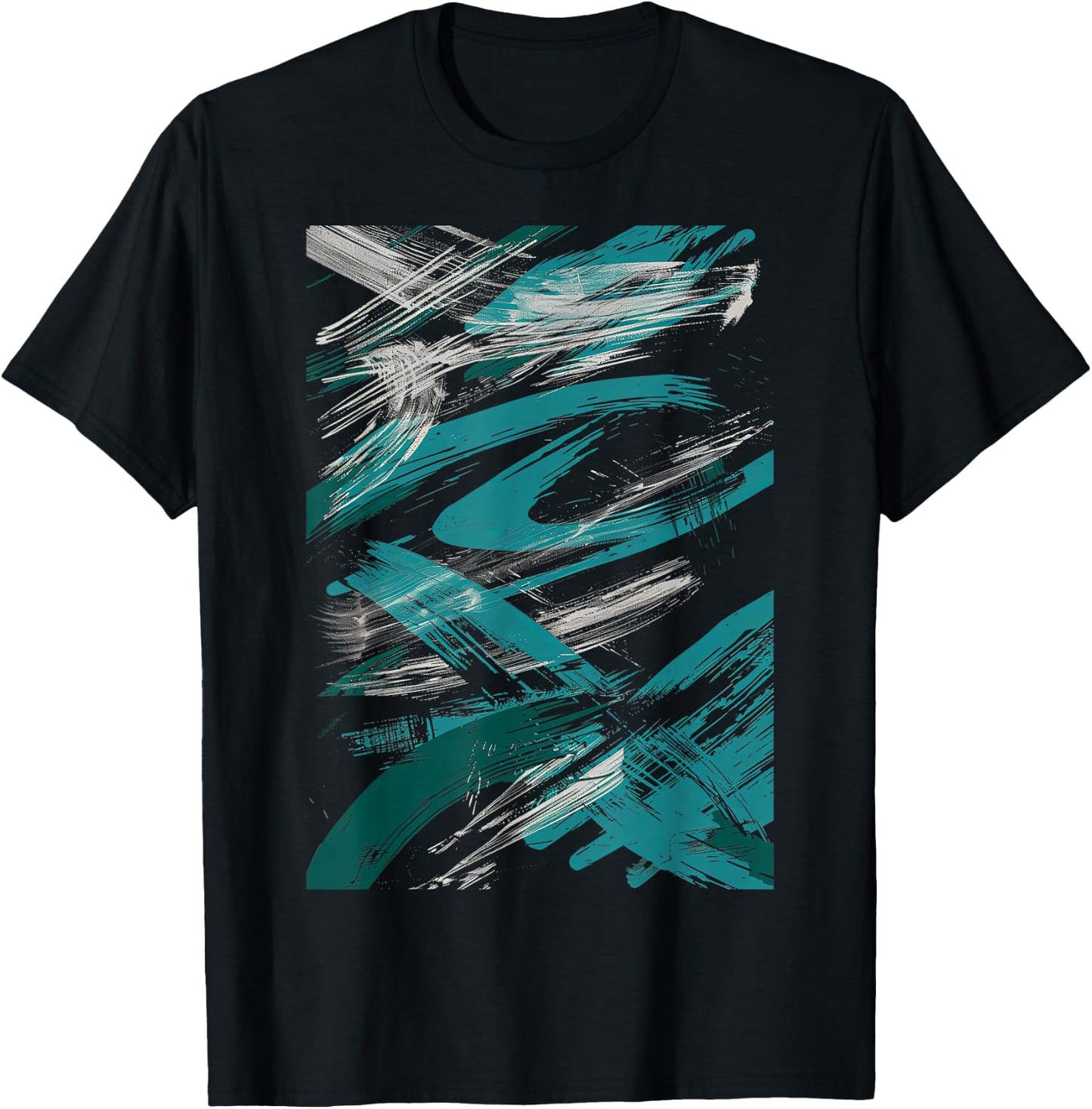 Teal And White Brushstroke Design Graphic T-Shirt - T-Shirt | Black