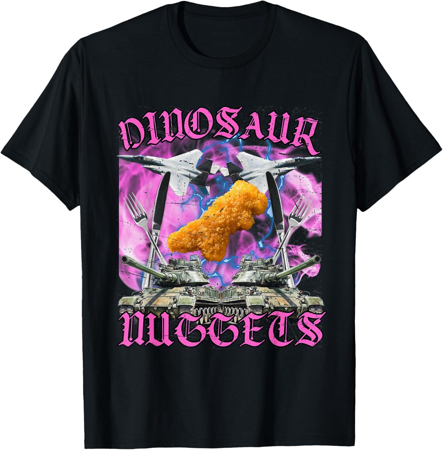 Funny Dinosaur Chicken Nugget Bootleg Hardcore Flames Meme T-Shirt - T-Shirt | Black