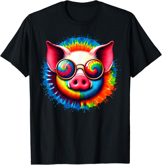 Cool Tie Dye Sunglasses Pig Graphic Illustration Art T-Shirt - T-Shirt | Black