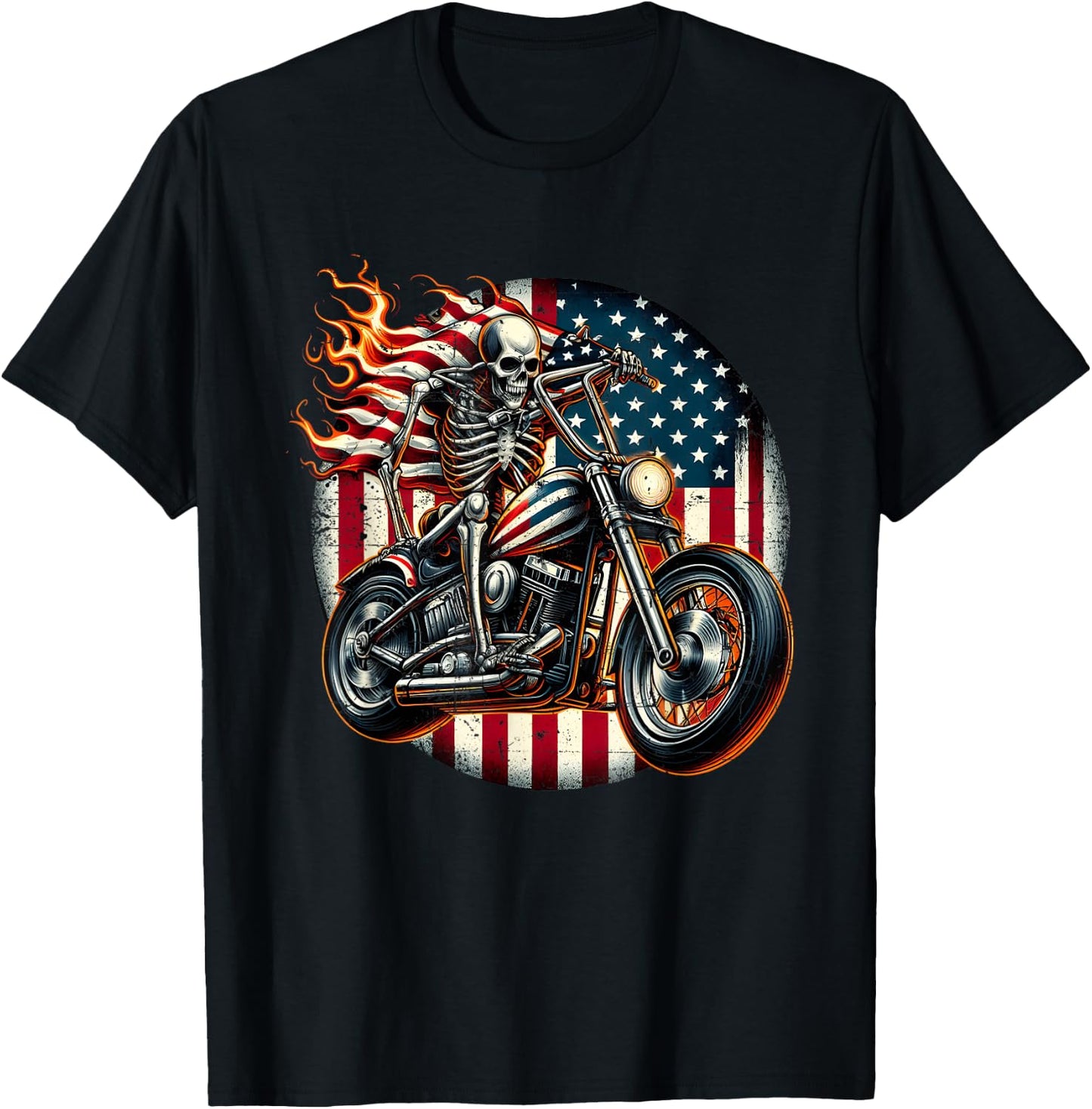 USA Flag Motorcycle Skeleton Biker 4th July American Patriot T-Shirt - T-Shirt | Black
