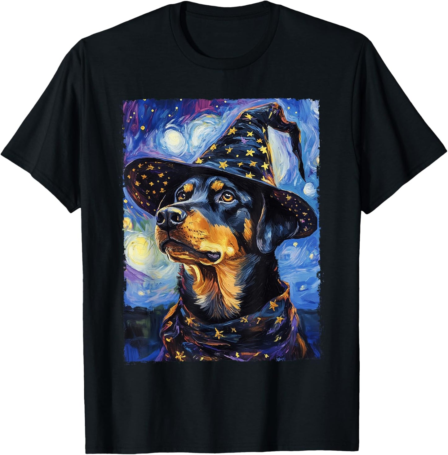 Rottweiler Witch Costume Painting Starry Night Dog Men Women Kids T-Shirt - T-Shirt | Black