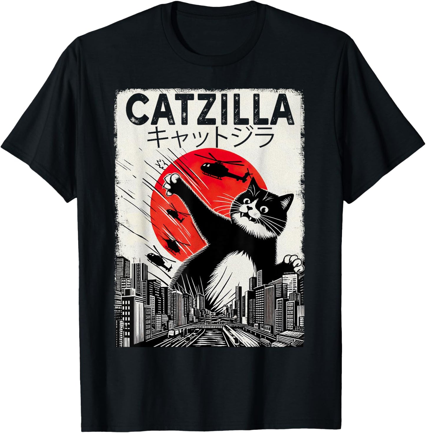 Vintage Catzilla - Funny Tuxedo Cat And Kitten T-Shirt - T-Shirt | Black