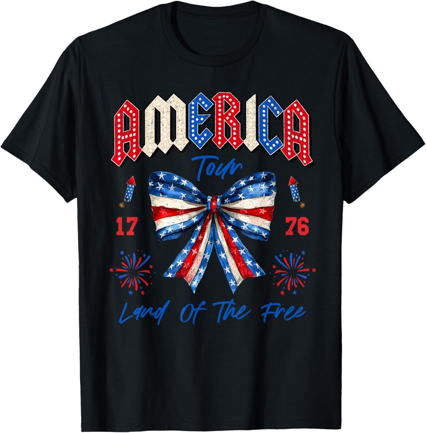 America Tour 1776 Coquette Bow Freedom Patriotic 4th Of July T-Shirt - T-Shirt | Black