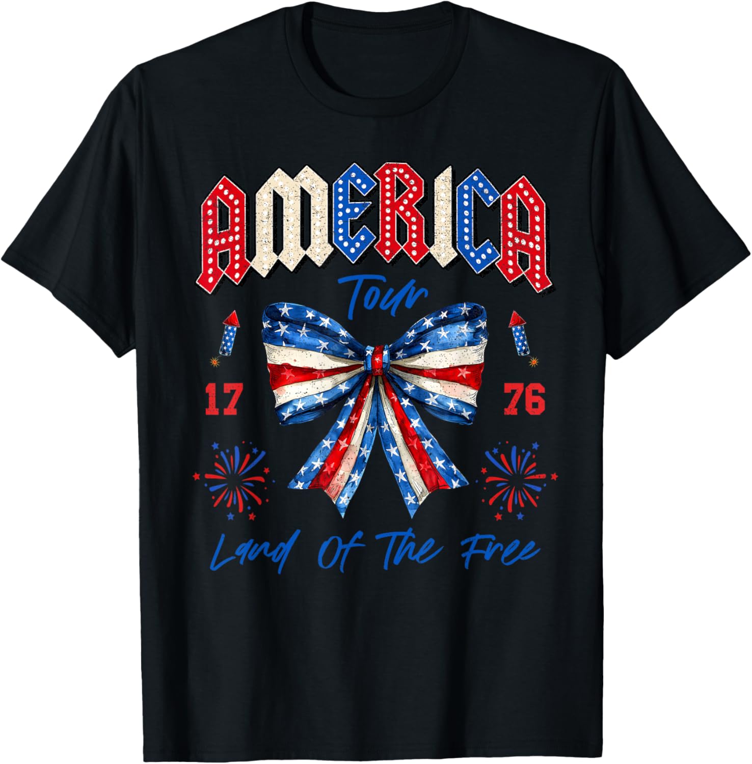 America Tour 1776 Coquette Bow Freedom Patriotic 4th Of July T-Shirt - T-Shirt | Black