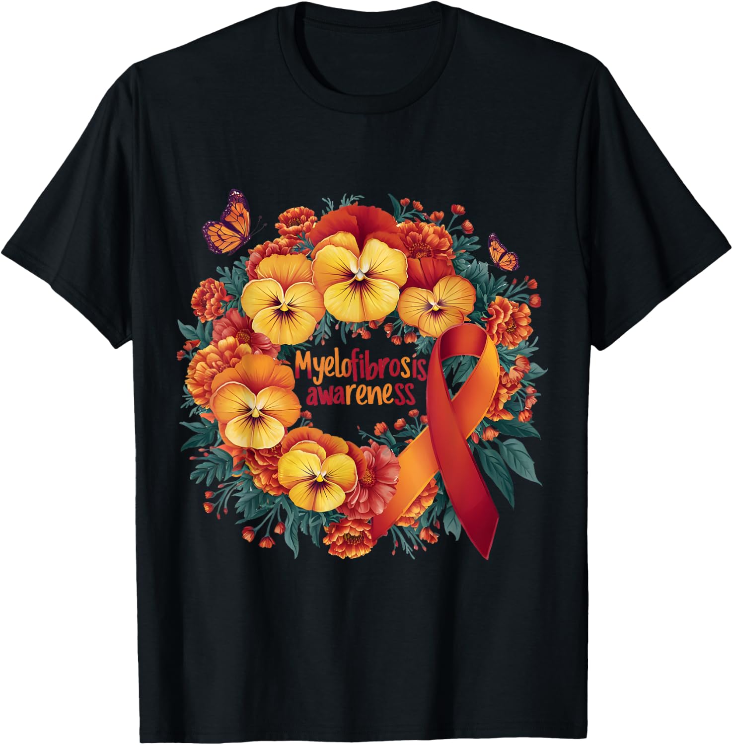 Myelofibrosis Awareness orange and red floral and ribbon T-Shirt - T-Shirt | Black