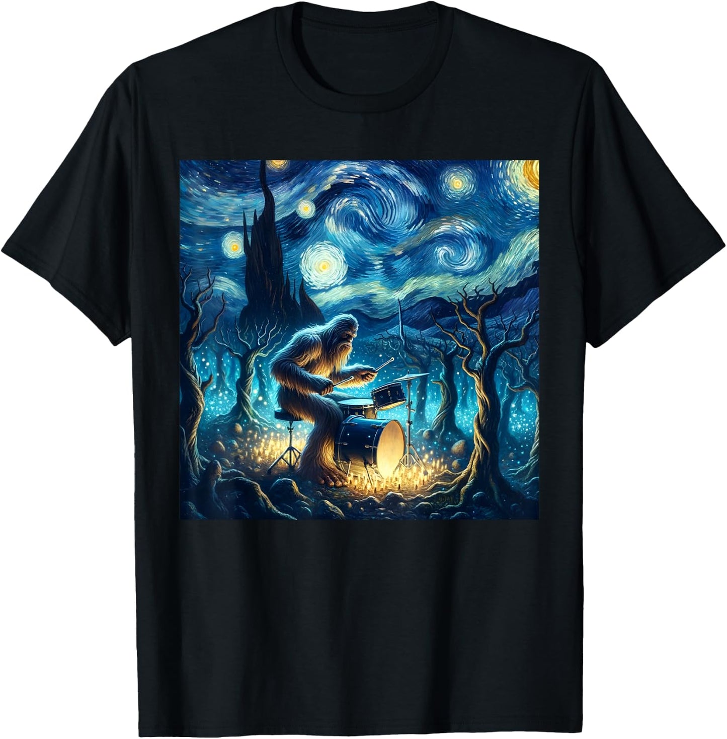 Bigfoot Playing Drums Starry Night Van Gogh Drummer Boys Men T-Shirt - T-Shirt | Black