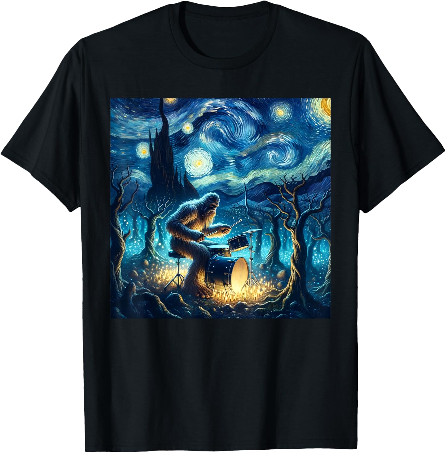 Bigfoot Playing Drums Starry Night Van Gogh Drummer Boys Men T-Shirt - T-Shirt | Black