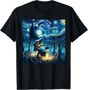 Bigfoot Playing Drums Starry Night Van Gogh Drummer Boys Men T-Shirt - T-Shirt | Black