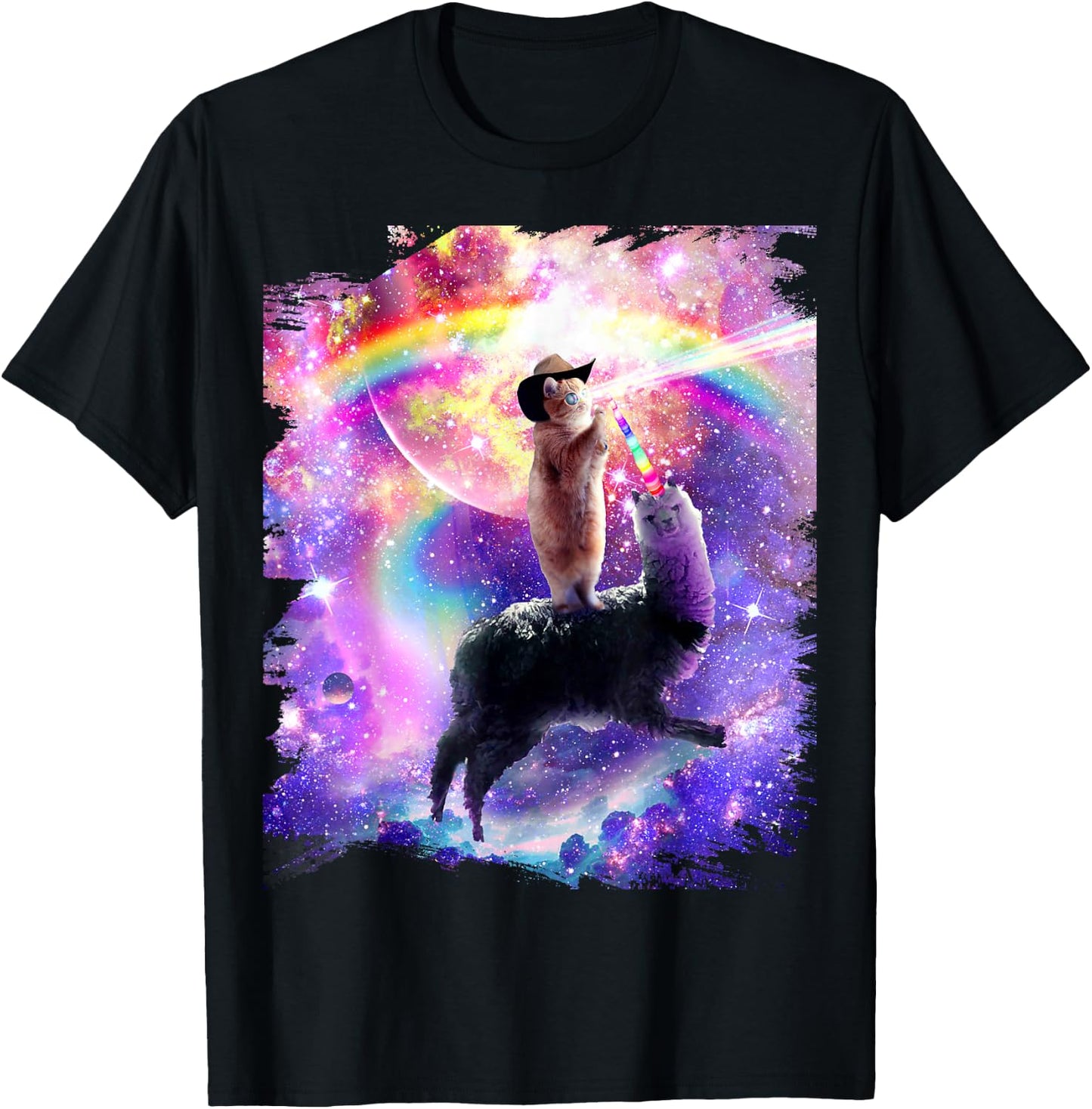 Laser Galaxy Space Cat on Rainbow Llama Unicorn T-Shirt - T-Shirt | Black
